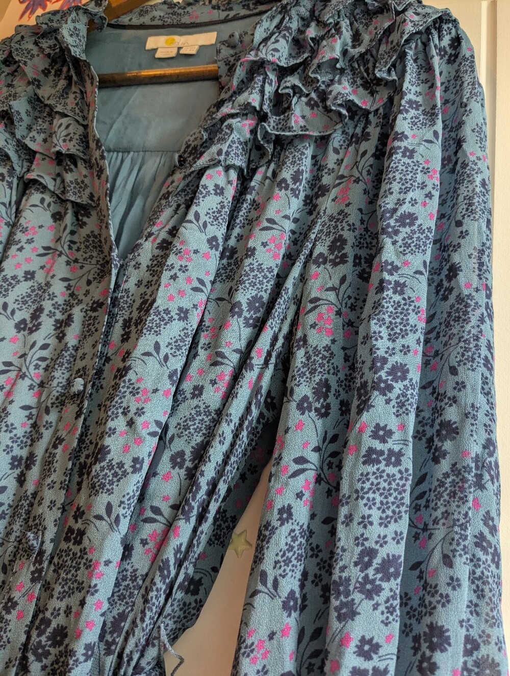 Boden Ruffle Yoke blue floral Midi Shirt Dress belted spring long sleeve 12 - Picture 5 of 6